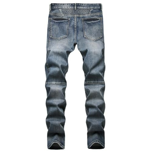 Jeans Pants Trouser Denim Retro Blue Wrinkle Tight Trendy Street Personality Stretch Slim Fit Casual Commuter Straight Leg for Men(Blue,33)3