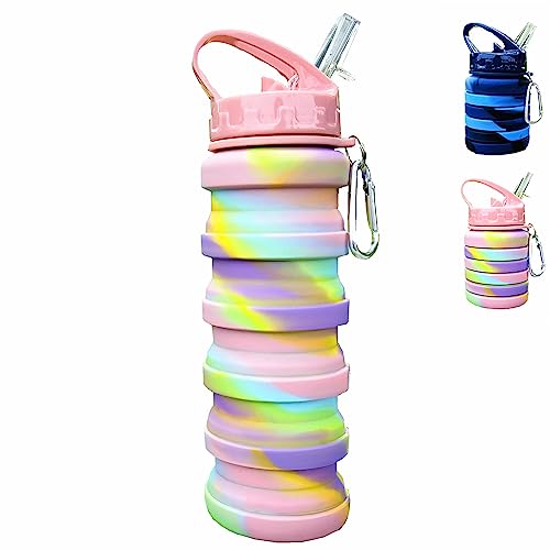 DONGTATA Silicone Collapsible Water Bottle Reusable Portable Foldable Water Bottles BPA Free Safe and Heathy Leak Proof for Sports Hiking Trip and Camping (Pink)