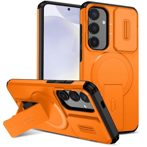 Samsung Galaxy S24 Plus 5G �Ή����C�P�[�X�A�L�b�N�X�^���h&�X���C�h�J�����J�o�[�t���A���ȃX�^���h�ی�ϏՌ��X�����ϏՌ��P�[�X(Orange)