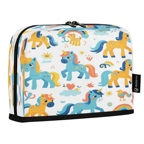 Mnsruu Trousse à crayons multi-couches avec motif chevaux bleus et jaunes debout pour garçons et filles - Organiseur de papeterie pour l'école, le bureau, le travail