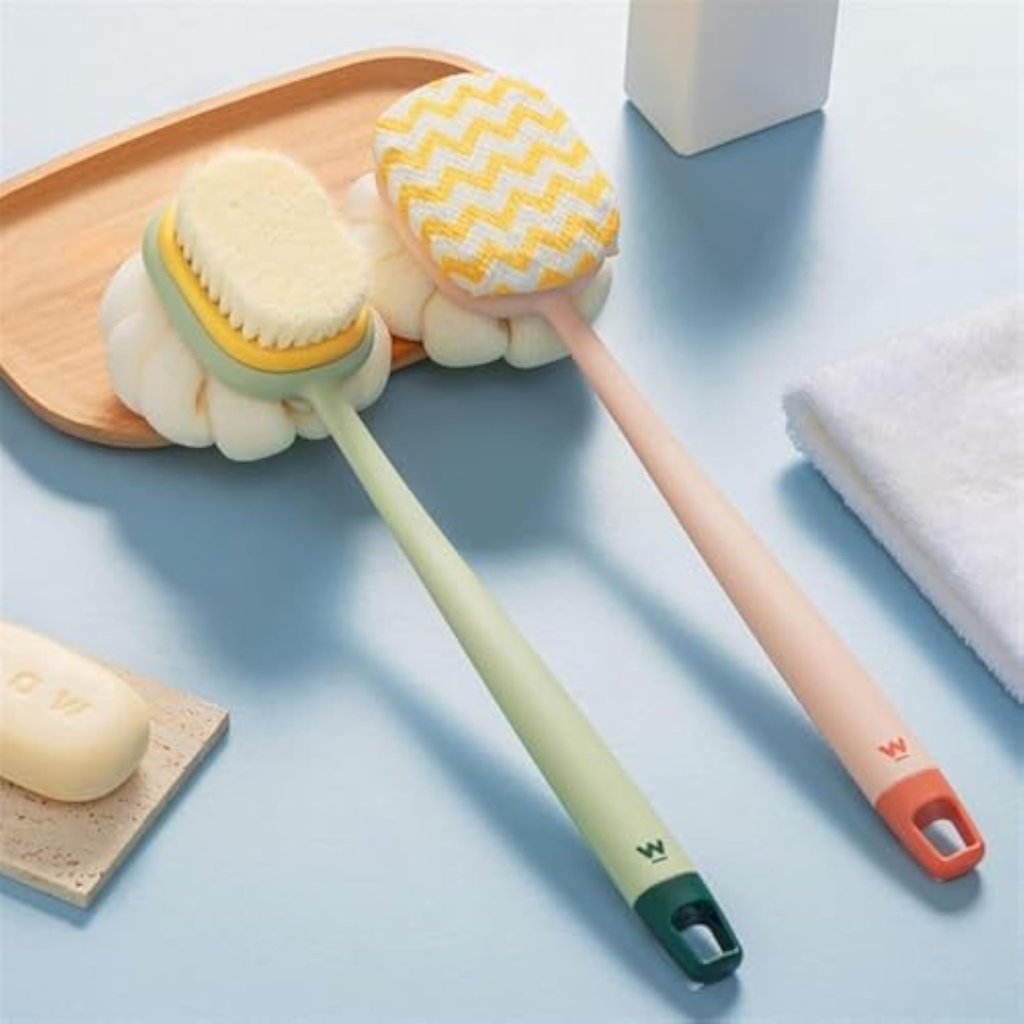 2 IN 1 Loofah Bath Brush, Back Scrubber with Curved Handle