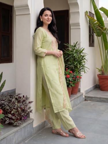 Image of INDO ERA Women's Silk Blend Solid Straight Kurta with Pant & Dupatta Set