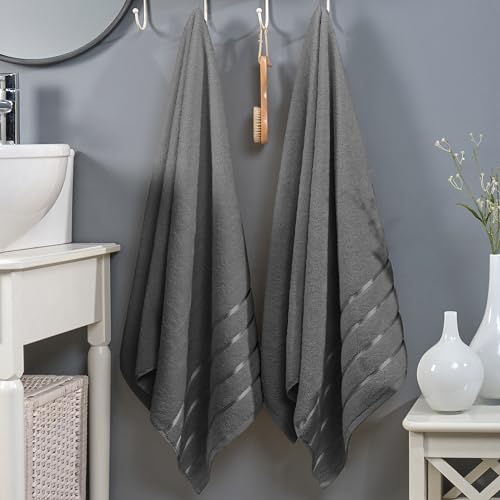 Image of Elegant Comfort 100% Turkish Cotton 4 Lines Viscose Stripe Luxury 2 Pack Bath Towel Set 27 x 54 Inch - Super Soft and Highly Absorbent Premium Hotel Spa Quality Towels for Bathroom Use, Gray