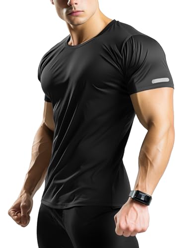 Opiniones de Ropa de Atletismo los más recomendados. 46 YumiDay - Camisetas de entrenamiento para hombre, de secado rápido, para correr, atlética, absorbe la humedad, Negro -, M
