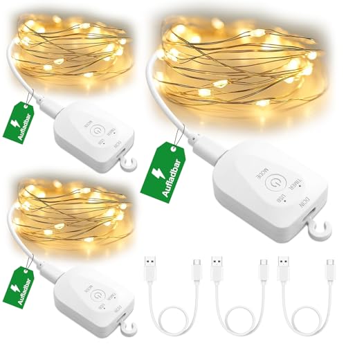 Mini Aufladbare Lichterkette mit Timer 3M 30LED Warmweiß LED Lichterketten mit Wiederaufladbar USB-Kabel Wasserdicht 8 Modi Lichterkette für Innen & Außen Weihnachten Hochzeit Party Garten (3 Stück)