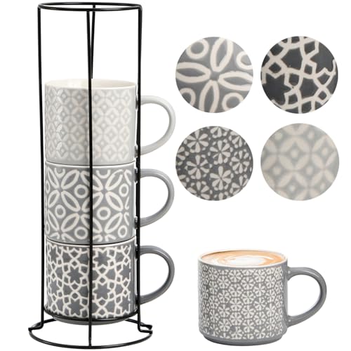 Hiceeden Set of 4 Coffee Mugs with Metal Stand, 15 oz Stackable Espresso Cups Ceramic Coffee Mugs...