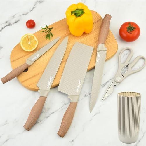Image of Knife Set, 6-Piece Khaki Kitchen Knife Set for Home, Anti-Rust Non-Stick Stainless Steel Sharp Chef Knife Sets with Universal Knife Block for Kitchen, Ergonomical Design (Khaki)