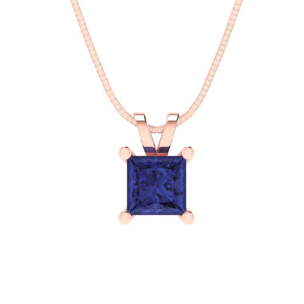 Clara Pucci 3.0 ct Princess Cut Simulated Diamond Blue Tanzanite Solitaire Pendant Necklace With 16" Gold Chain box 14k Pink Rose Gold