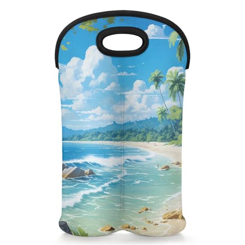 GzLeyigou 2 Bottles Beach Landscape Wine Bag Sleeve Totes Neoprene Protective Wine Carrier Bag for Wine,Water, Champagne, Beer, Baby Bottles,Gift 14.5 x 10 Inches