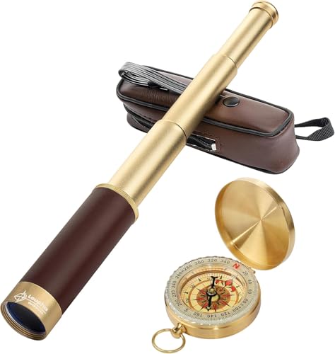 Laupha Retro Pirate Telescope Zoomable 25x30 Spyglass Portable Collapsible Handheld Telescope Vintage Monocular for Kids & Survival Gear Compass Pocket Military Compass for Camping Boating