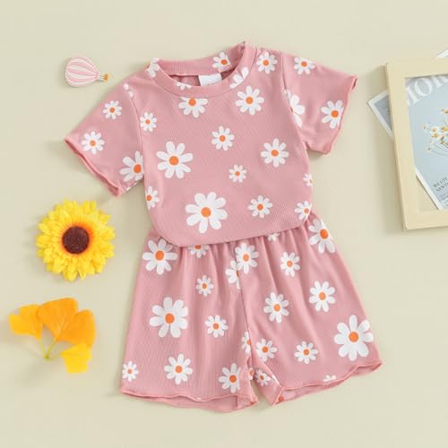 Image of Ayalinggo Baby Girl Summer Outfits Short Sleeve Lettuce Trim Floral Tops + Shorts Set Infant Clothes