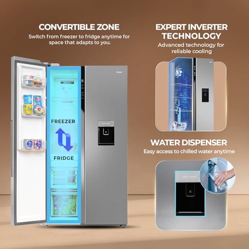 Image of Haier SmartChoice 596L 3Star 2-Door Water Dispenser Side by Side Frost Free Refrigerator|Convertible|Smart Sense AI | Expert Inverter|Digital Display Panel (HRS-682SWDU1, Shiny Silver)