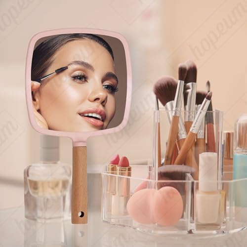 Image of Wood Hand Mirror Square Shaped Handle Makeup Mirror, Small Cute Wooden Shaving Mirror with Single Side Hanging Hole, Travel Portable for Men Women