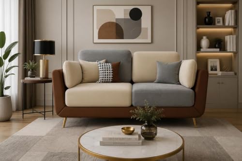 Image of Modern Sofa, 2 Seater with Decorative Cushions, Chesterfield Arm Three Seater for Living Room Guest Room Hotels & Office (2 Brown and Beige)