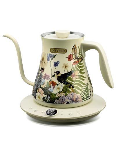INFOOD 0.8L Gooseneck Electric Kettle Precise Temperature Control for Pour Over Coffee & Tea 1200W Fast Boiling Water Auto Shut Off Scheduling Stainless Steel Floral Painted Design