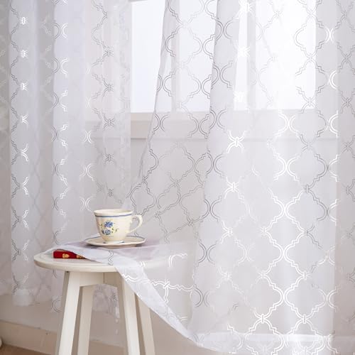 Aesphrates Foil White Sheer Curtains for Living Room 84 Inches Long 2 Panels Set, Modern Silver Printing Shiny Privacy Window Curtains, Light Filtering Sheer White Curtains for Bedroom, 42x84SQ