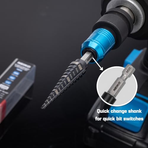 Image of NEIKO 10616B Step Drill Bit, 2 Steps 3 /8 inch to 1 /2 inch Straight M35 Cobalt, AlTiSiN Coated, 1 /4 inch Quick Change Step Bits for Steel, Metal, Wood, Plastic, Unibit Cone Drill Bits, Two Flute