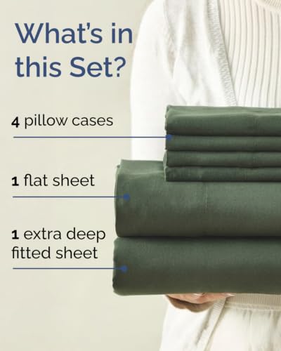 Image of Cal King 6 Piece Bed Sheet Set - Breathable & Cooling Sheets - Forest Green