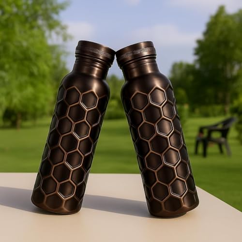 Image of Pure Copper Water Bottle for Summer Hydration - 1 Litre (32 oz) Antique Honeycomb Design | Ayurvedic Copper Bottle for Drinking Water | Keeps Water Cool, Leak-Proof, BPA-Free, Eco-Friendly Gift