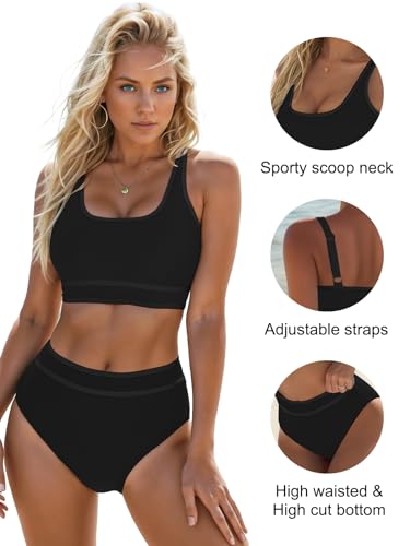 Image of Blooming Jelly Womens High Waist Bikini Sets Sporty Color Block Two Piece Swimsuits Scoop Neck Cheeky Bathing Suits
