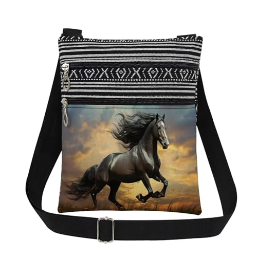 Black Horse Women Crossbody Bag Stylish Travel Adjustable Shoulder Strap Men Messenger Bag Outdoor Casual Purse Birthday Christmas Gift for Adult Horse Lovers