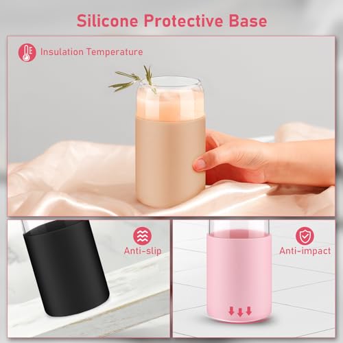 Image of sungwoo Glass Cups with Lids and Straws, 4 Pack 16OZ Iced Coffee Cups with Silicone Sleeve, Glass Tumbler with Straw and Bamboo Lid, Home Essential Drinking Set for Juice, Cocktail and Latte 4 Colours