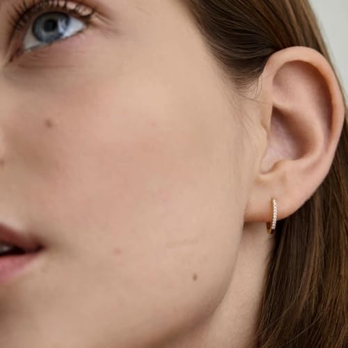 Lightweight Thin Yellow 14K Gold Plated Pure 925 Sterling Silver Iced Cubic Zirconia Skinny Simulated Diamond Hoop Earrings for Women Men Cz Hypoallergenic Huggie Hoops Earrings4