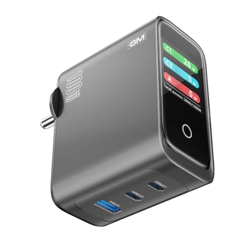 Image of GM G+ DisplayPulse 100W GaN Fast Charger | Type-C + USB-A Ports | Best for Tablet, MacBook, Laptop, iPhone, Samsung | TFT Display with 14 Smiley Animation Styles | Displays real-time Charging Wattage.