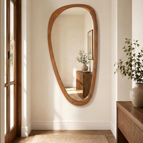 Image of Solid Wood 48 inchx24 inch Warm Walnut Large Organic Irregular Wall Mirror | Large organic look creates soft Japandi style for bedrooms, studios, entryways, living rooms, dressers, statement decor