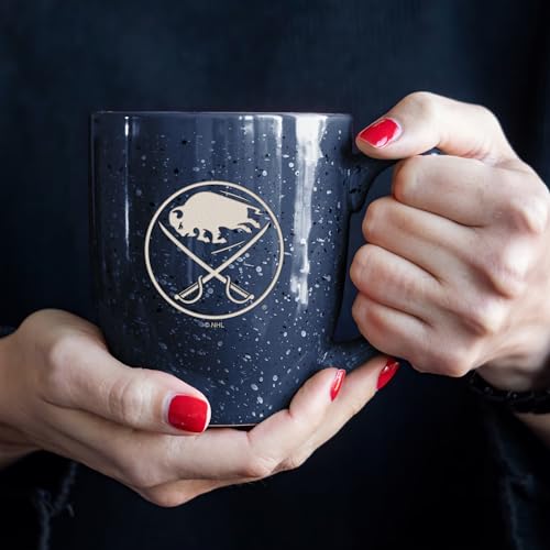 Image of Rico Industries NHL Hockey Buffalo Sabres Navy Personalized 16 oz Team Color Laser Engraved Speckled Ceramic Coffee Mug