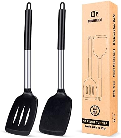 Pack of 2 Silicone Solid Turner ,Non Stick Slotted Kitchen Spatulas ,High Heat Resistant BPA Free Cooking Utensils ,Ideal Cookware for Fish ,Eggs ,Pancakes (Black)
