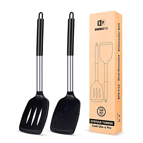 Pack of 2 Silicone Solid Turner,Non Stick Slotted Kitchen Spatulas,High Heat Resistant BPA Free Cooking Utensils,Ideal Cookware for Fish,Eggs,Pancakes (Black)
