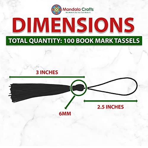 Image of Mandala Crafts Small Black Bookmark Tassels - 100 Bulk Silky Mini Craft Tassels with Loops for Bookmarks, Jewelry Making, Graduation Decorations, and Keychains