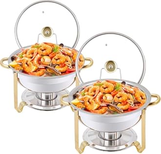 Chafing Dish Buffet Set 5 QT Stainless Steel Chafing Dishes Round Buffet Food Warmer Chafers Set for Parties Catering Event with Glass Lid, Lid Holder 2PCS