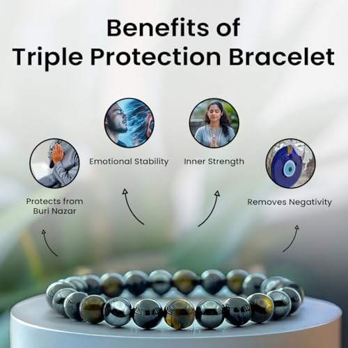 Image of Astrotalk Triple Protection Bracelet | Shields Against Negativity & Enhances Strength | Black Obsidian, Hematite, Tiger Eye | Bracelet for Man & Woman | Gift for Man & Woman