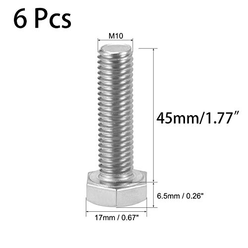 Image of 6 Pcs M10 Hex Bolt M10-1.5 x 45mm UNC Hex Head Screw Bolts A2-70(304) Stainless Steel Fully Threaded Hex Tap Bolts，Plain Finish，Fully Threaded (M10 x 45mm)