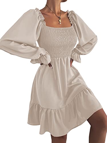LYANER-Womens-Square-Neck-Lantern-Long-Sleeve-Ruffle-Shirred-Flowy-Party-Mini-Dress
