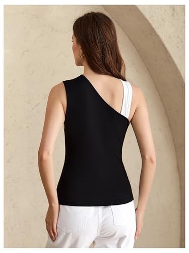 Women's Criss Cross Colorblock Tank Tops Asymmetrical Neck Sleeveless Cut Out Fitted Tops2