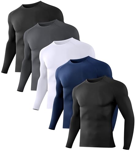 Dalavch 5 Pack Men's Compression Shirts Long Sleeve Athletic Workout Sports Undershirt Base Layer Top for Winter 2 Black 1 White 1 Gray 1 Blue Large
