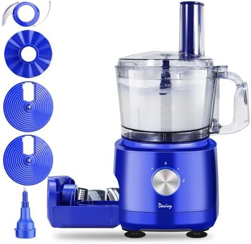 Davivy Food Processor 7 Cup,Built-in Storage Drawer Small Food Processor with 10 set blades,French fry cutting,Wavy slicing for Home Use,3-Speed, Blue,600W