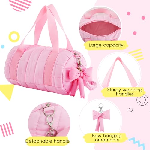 Image of 12.8 Inches Quilted Puffer Ballet Dance Bag Cute Tote Bag with Hanging Bow Pendant for Travel Dancing Dress