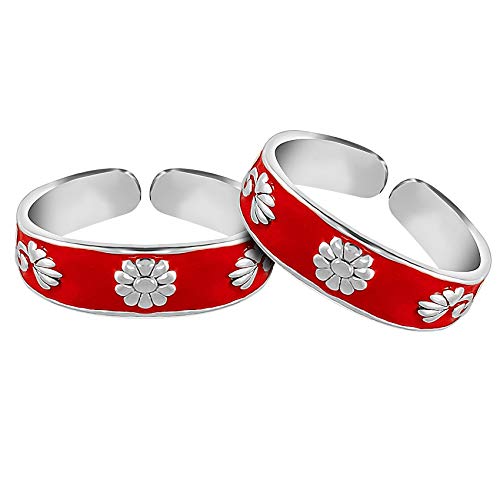 Parnika Mj Red Enamel Band Design Comfortable Toe Rings In Pure 92.5 Sterling Silver For Women | Chandi Bichiya | With Certificate Of Authenticity | - Image 5