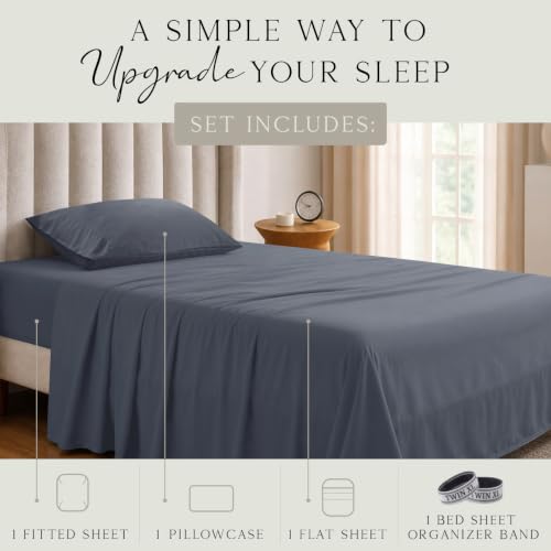 Image of KARISSA MAE Luxury Bamboo Viscose Twin XL Size Sheet Set | FSC Certified | Cooling | Ultra Soft | 18 inch Deep Pockets | Elastic Corner Straps | Includes Organizer Band [Charcoal Grey]