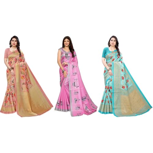 Image of Yashika Women's Sarees Women's Combo Art Silk Printed Saree With Unstitched Blouse Piece |saree for Women | saree combo | New Sari | Saree Pack Of 3