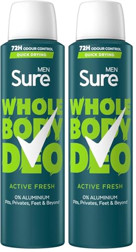 Image of Sure Men Active Fresh Whole Body Deodorant Men's Deodorant Spray with a herbal, citrus & woody fragrance for 72 hour odour control 150 ml (Pack of 2)