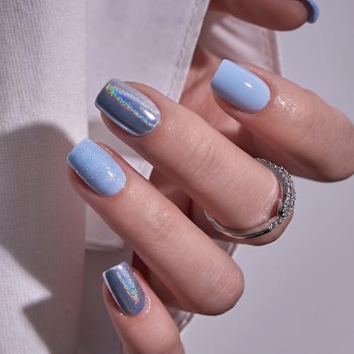 Image of CurvLife Soft Gel Summer Square Press-On Nails Short, Reusable Fake Nails with Glue & Adhesive Tabs, 30PCS Salon-Quality Stick-On Nails for At-Home Manicure (Sky Prism)