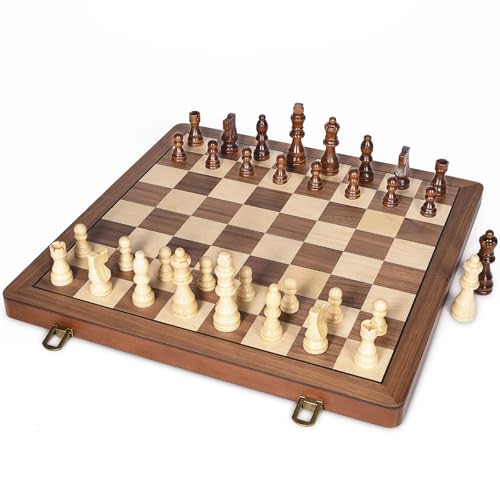 Image of ELONGDI 15 inch Wooden Chess Set with Magnetic Pieces - Extra Queens - Folding Chessboard Portable Travel Tournament Chess Board Games for Adults Kids