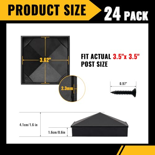 Image of VIVIDA 4x4 Aluminum Post Caps(Actual 3.5 inch x 3.5 inch), Black Metal Fence Post Caps with Waterproof Matte Powder Coated, for Wooden Fence, Deck, Mailbox, Patio, Screw & Driver Bit Included, 24 Pack