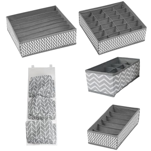 Zythrem Set di quattro Organizer Armadio Cassetti Intimo 5 Pezzi Set Organizzatori per Biancheria Intima in Tessuto Organizer Cassetti Armadio per Calze,Biancherie,Reggiseni,Cravatte,Grigio