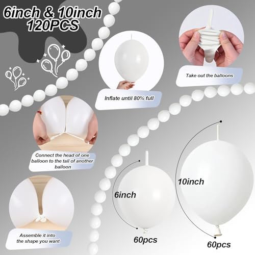 Image of White Quick Link Balloons, 120PCS Linking Balloons for Making Balloon Wall Balloon Arch Balloon Chains, Pearl Balloons for Wedding Birthday Baby Shower Graduation Grad Party Decorations (6+10inch)
